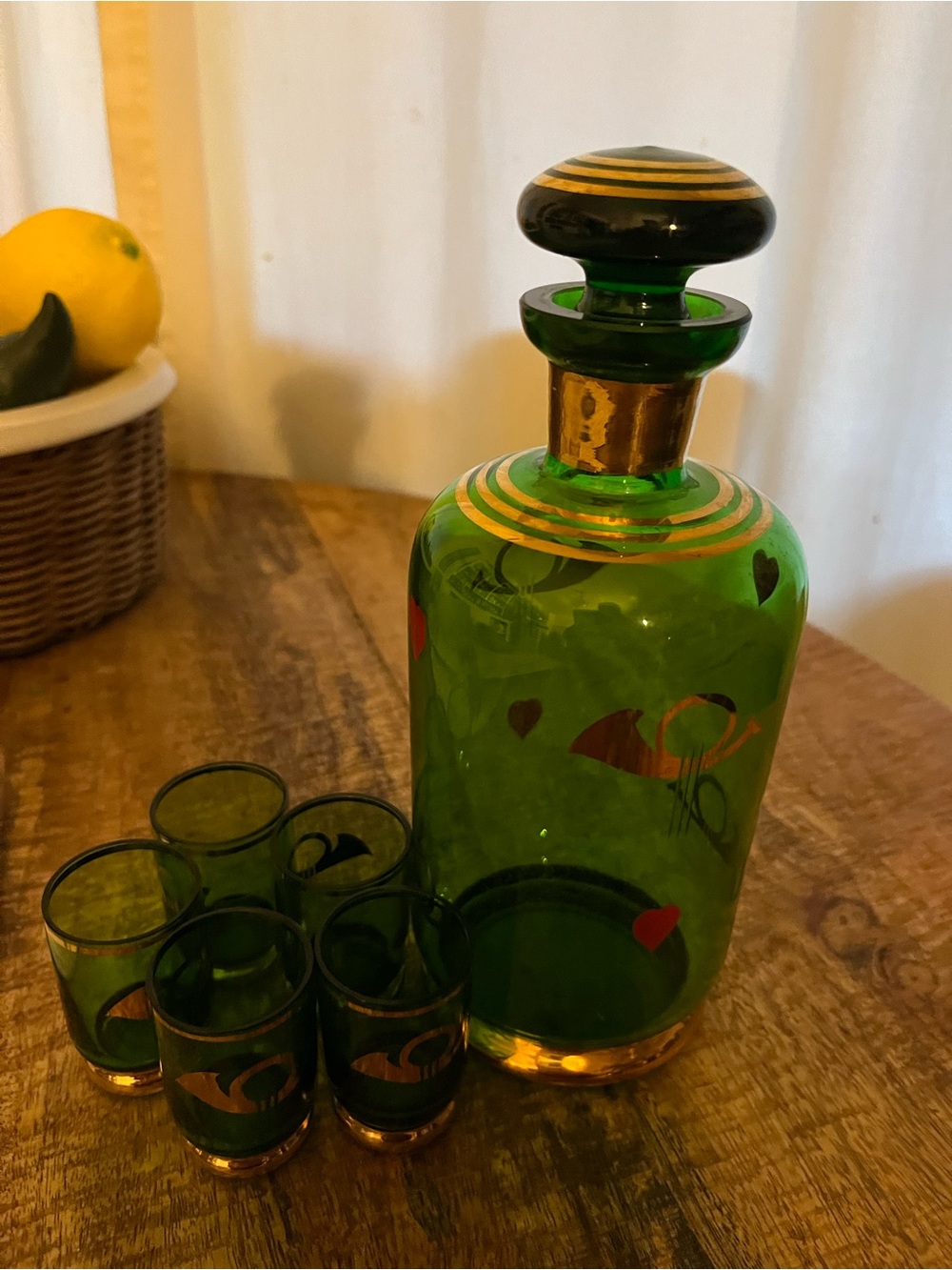 Vintage Green Glass Decanter Set with Gold and red Accents